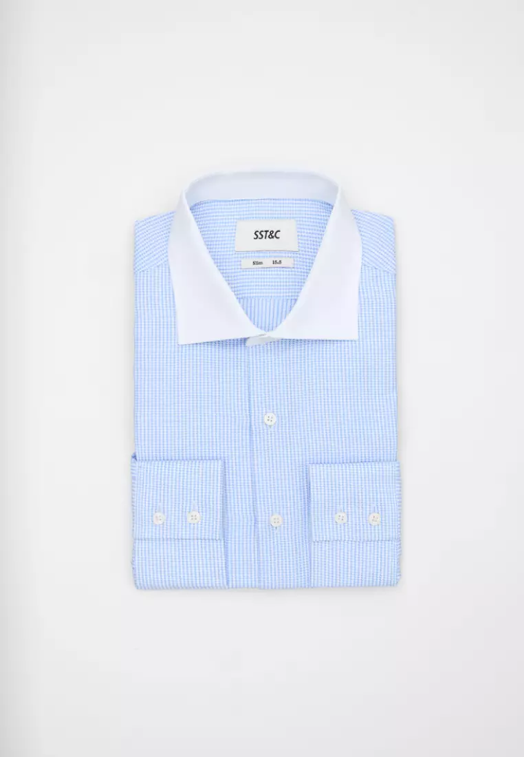 Sky Blue Houndstooth Textured Slim Fit Shirt