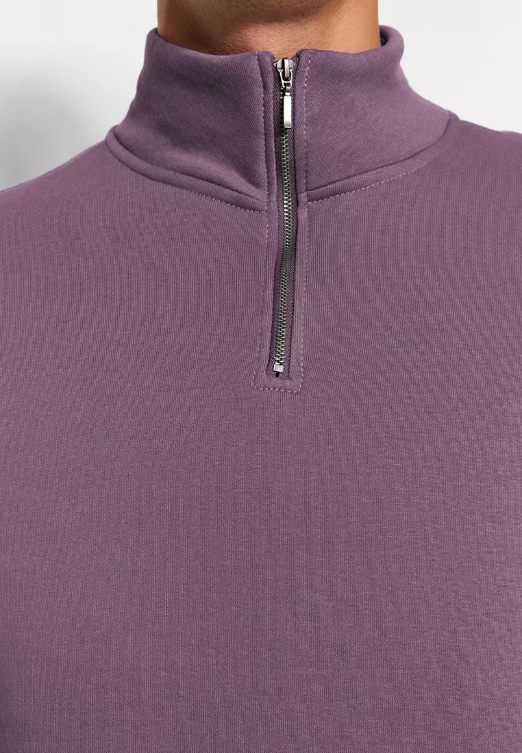 Purple Regular/Normal Cut Stand Collar Zippered Cotton Basic Polar Fleece Sweatshirt TMNAW24SW00041