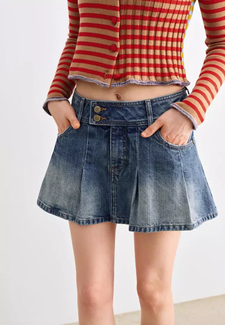 High Waist Washed Denim Double Button Pleated Skirt