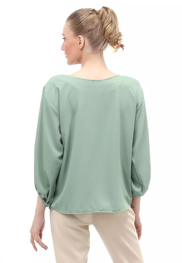 Blouse Lengan Balon Motif Solid Design Simple Regular Fit - Minty Green