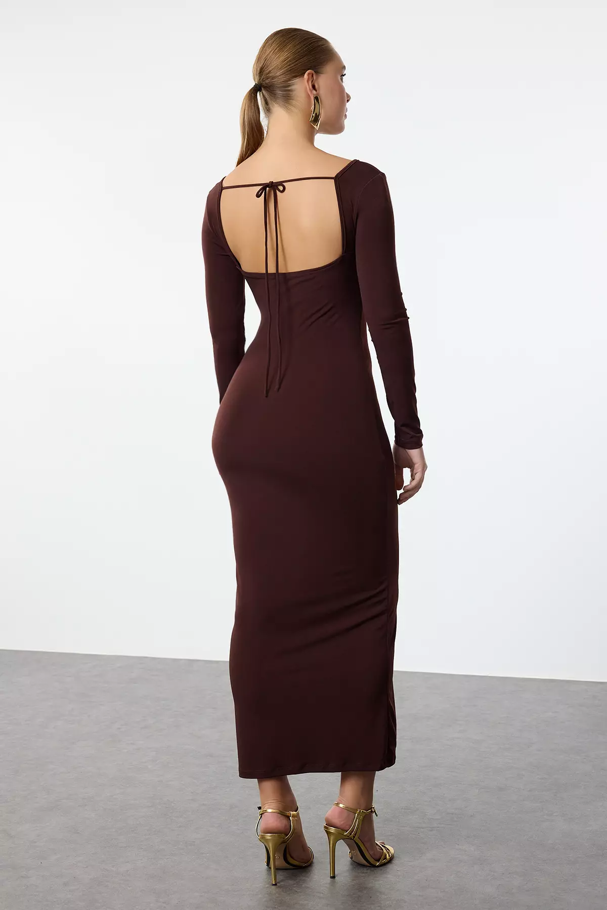 Brown Body-Styling With Chest Tie Detail Knitted Long Elegant Evening Dress