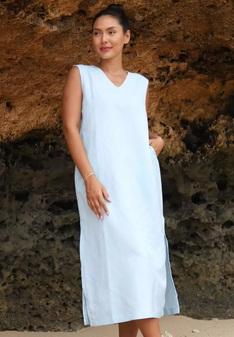 Blue Sky Dress Linen Wanita Biru Muda | Linen Dress Women Light Blue
