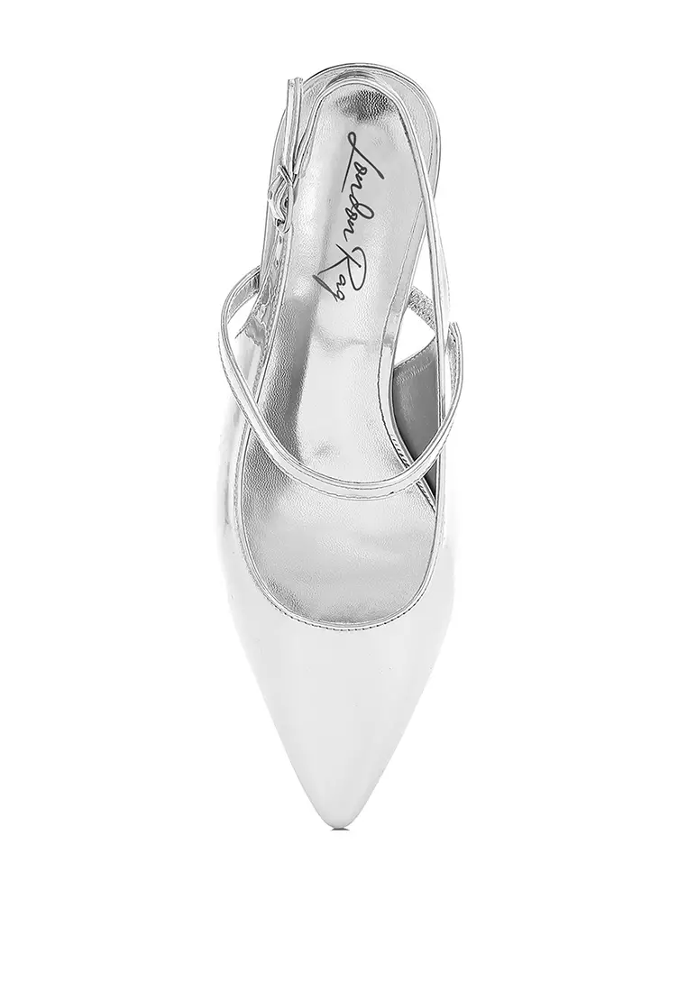 Sandal Slingback Hak Kucing dalam Warna Perak