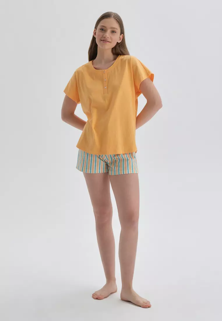 線上選購DAGİ Orange Short Pyjama Set, Striped, U-Neck, Regular Fit