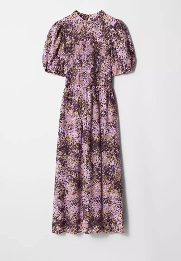 Smocked Puff-Sleeve Midi Dress