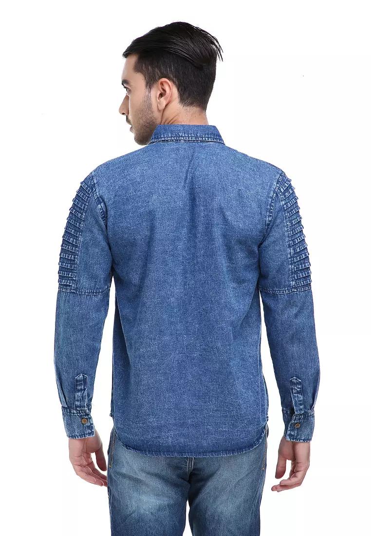 Dwan Casual Shirt Baju Kemeja Pria Lengan Panjang Stripe Sleeve Two Pockets Material Jeans ORIGINAL - Blue