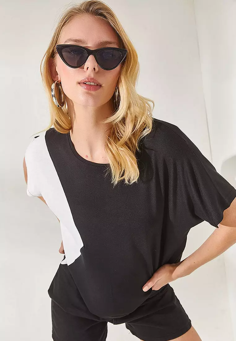 Women's Black Color Block Bat Knitted Viscose Blouse BLZ-19002283