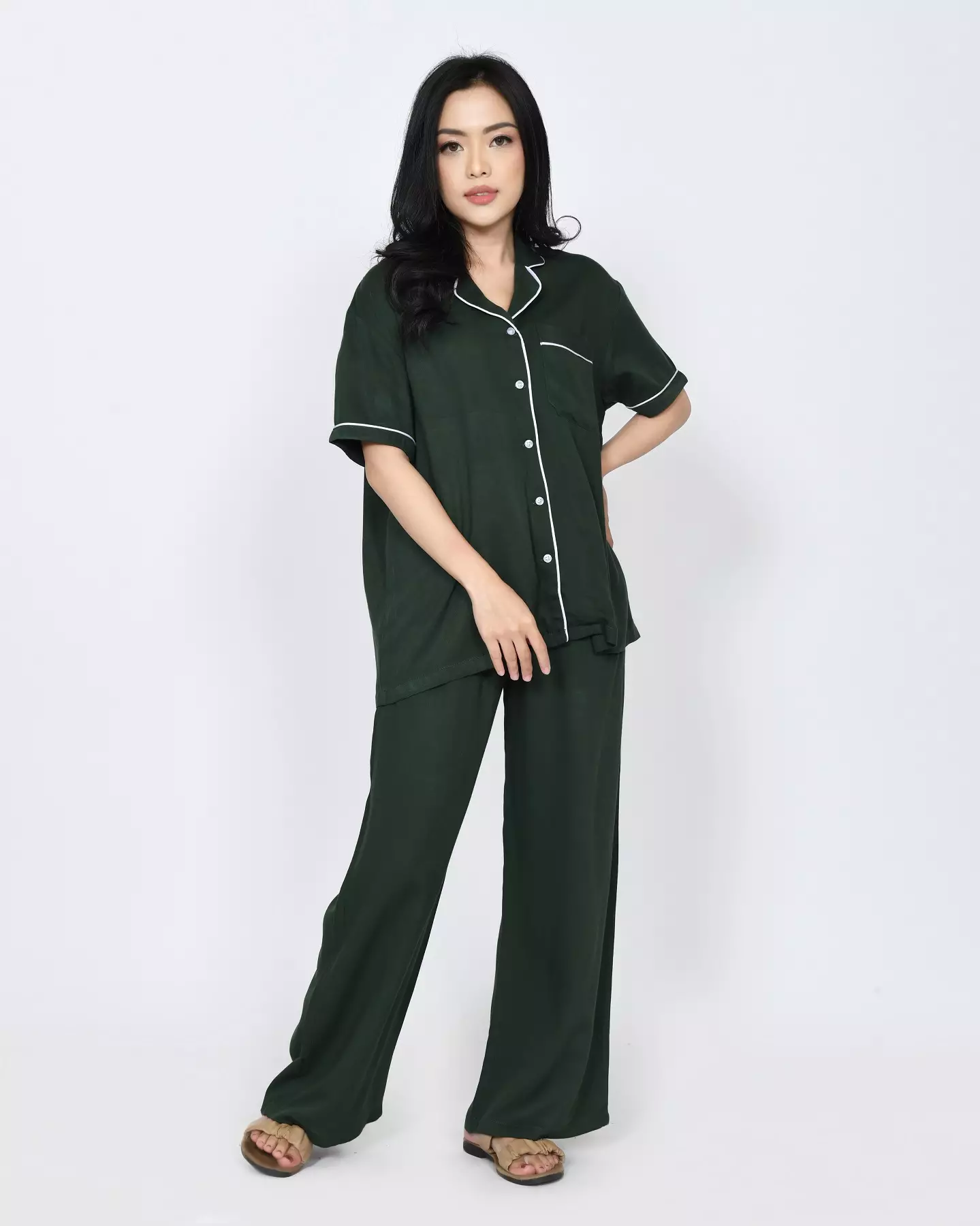 S/S COUPLE PIYAMA COTTON TENCEL Setelan Baju Tidur Pria Wanita HIJAU