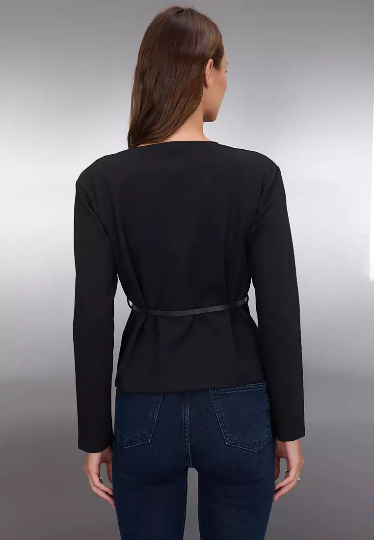 Black Belt Detailed Double Breasted V-Neck Flexible Knitted Blouse Twoaw26Bz00168
