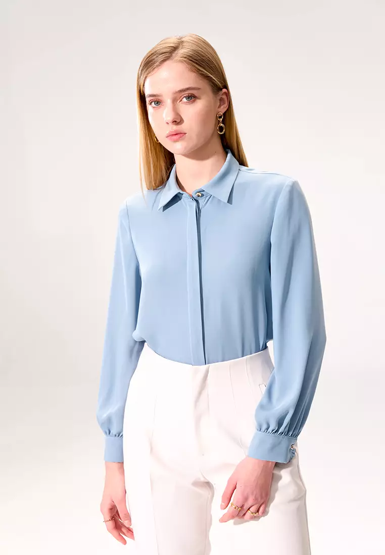 Sky Blue Pleated Cuffs Long Sleeve Top