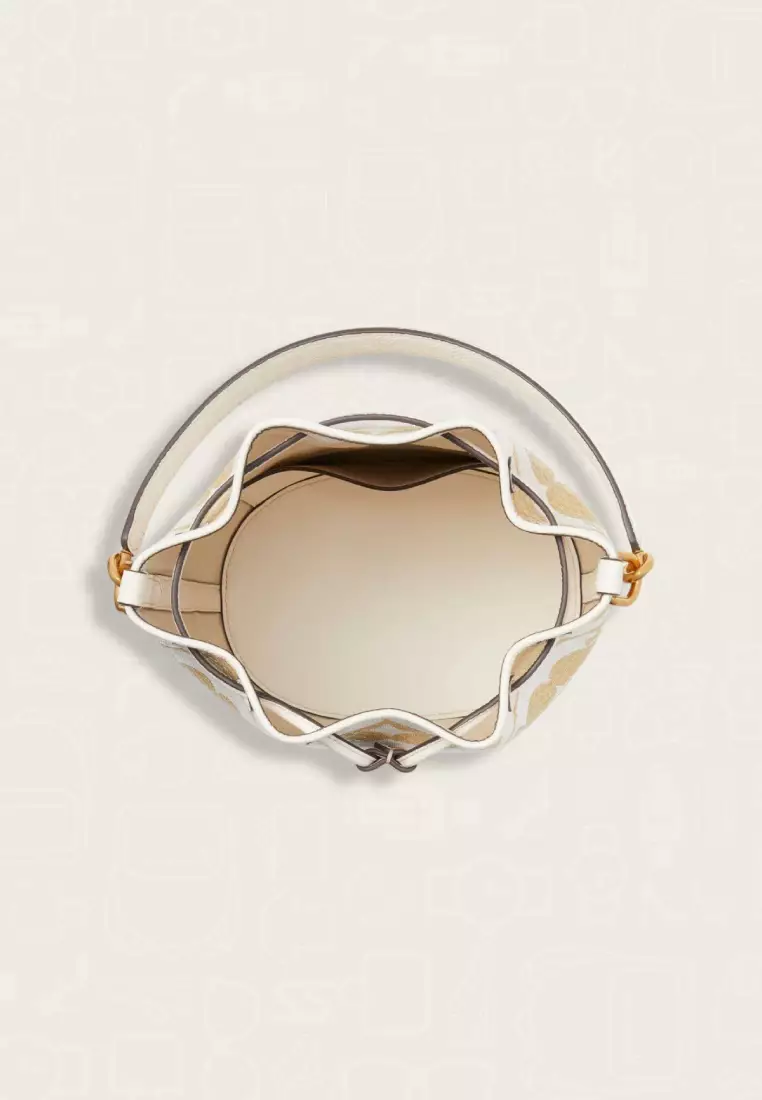 Kate Spade Spade Flower Monogram Raffia Gramercy Medium Bucket Bag Cream