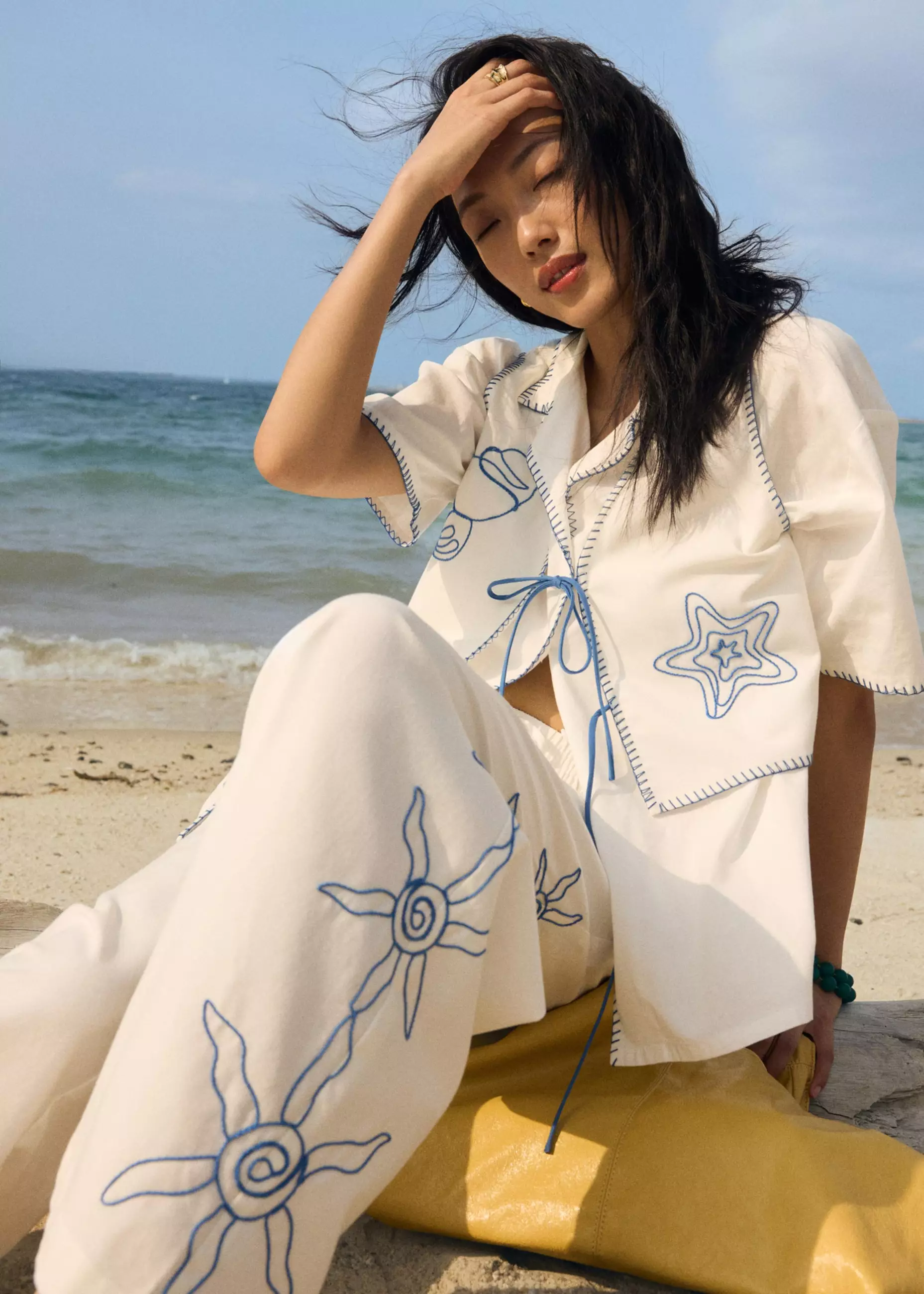 Celana Panjang Wanita - Wide Leg Drawstring Pants in Coastal Charm Embroidery