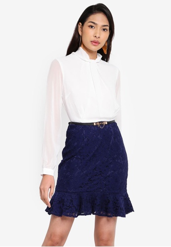 Buy Paper Dolls Portsea Navy And White Lace Belted Peplum Mini