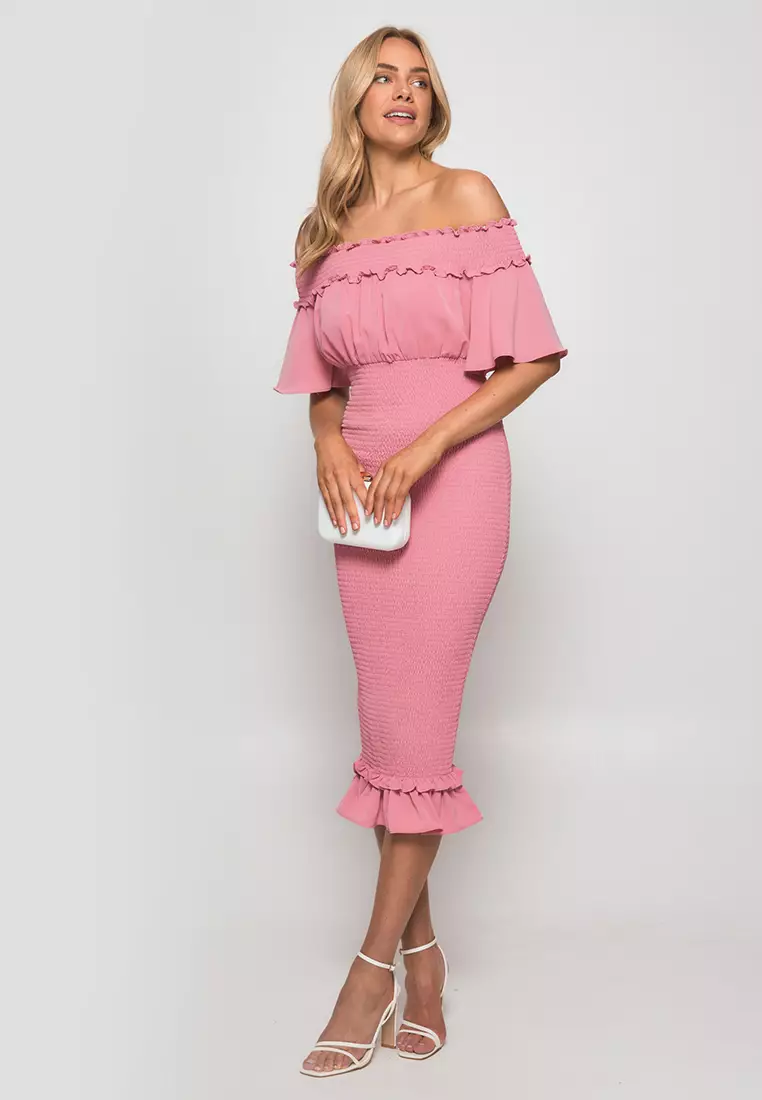 Off The Shoulder Shirred Midi Dress
