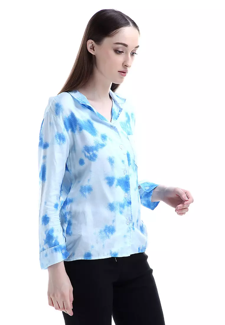 Oakley Long Shirt Tie Dye Design Simple Kemeja Atasan Wanita - Biru