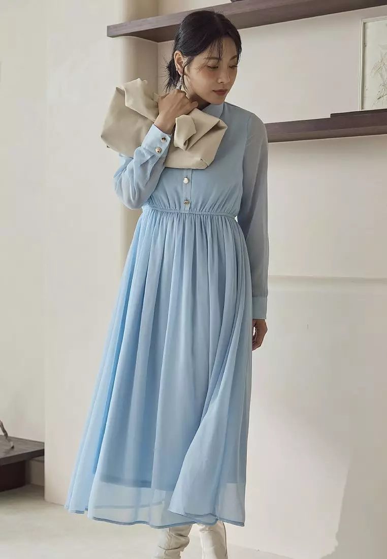 Chiffon Button-Down Shirt Collar Long Dress [DA8044]