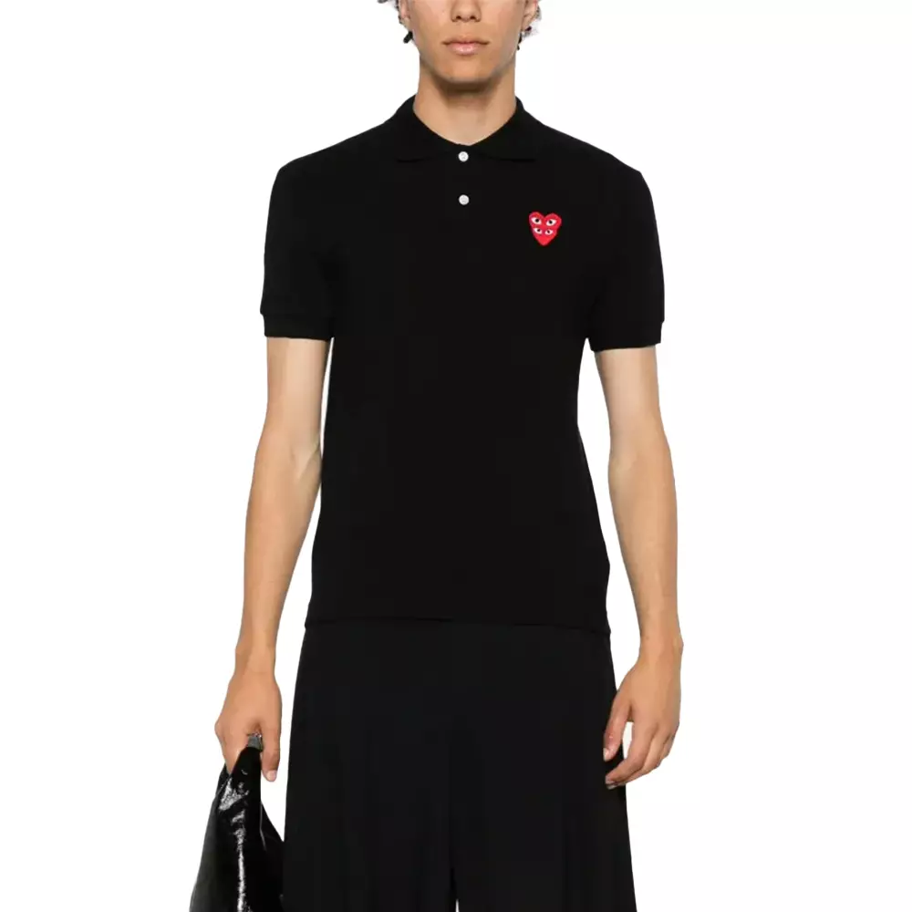 Play Double Red Heart Logo Cotton Polo Shirt Black