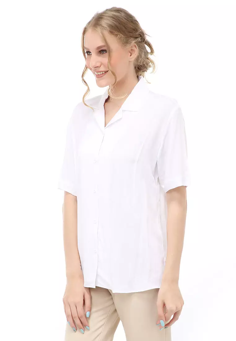 Holly Shirt Kemeja Basic Atasan Kasual Wanita Lengan Pendek Material Rayon ORIGINAL - White