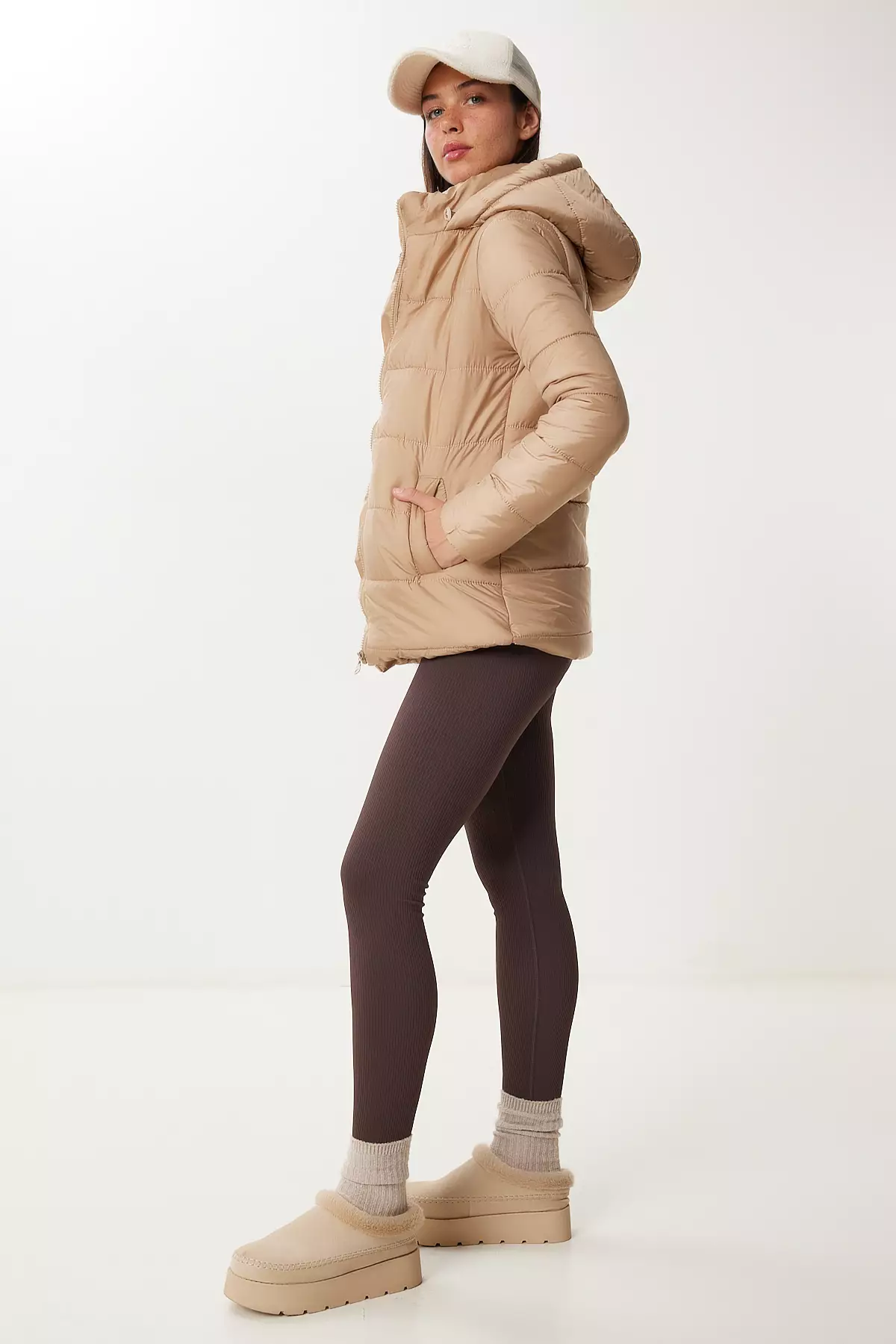 Women's Beige Hooded Down Jacket Qa00004