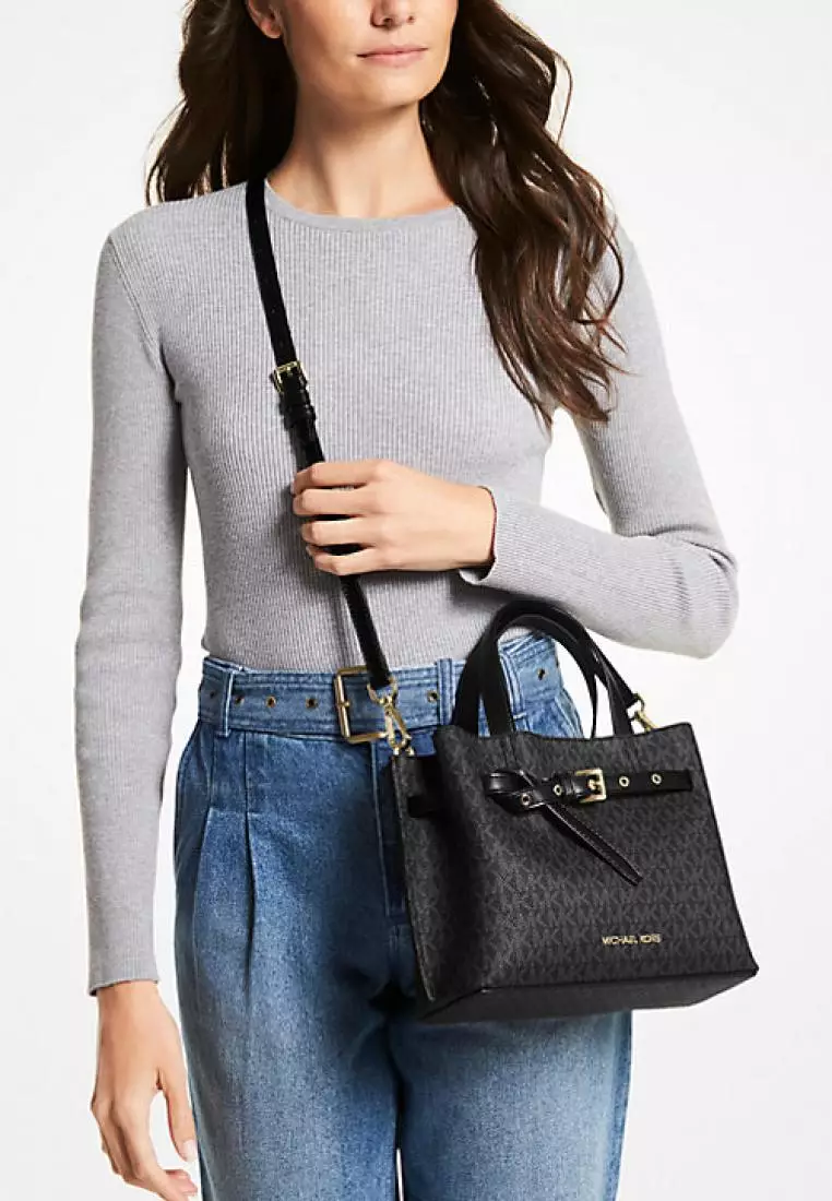 Michael Kors Emilia Small Satchel Crossbody Bag Black Pebbled Leather 