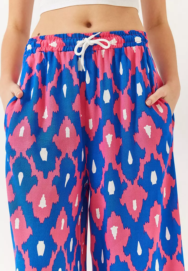 Women's Patterned Elastic Waist Laced Pocket Viscose Casual Palazzo Pants 60261435