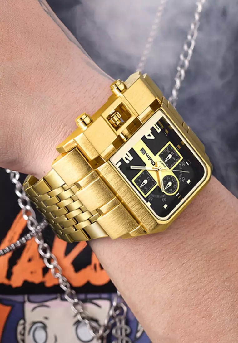 Very Large Men's Quartz Watch - 51x60mm - IP Gold Steel case, Black Dial, IP Gold Bracelet