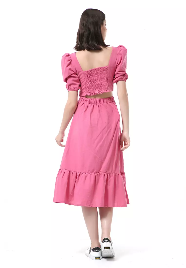 Nayra One Set Setelan Wanita Blouse Ruffle Lengan Pendek Midi Skirt Material Linen ORIGINAL - Fuschia