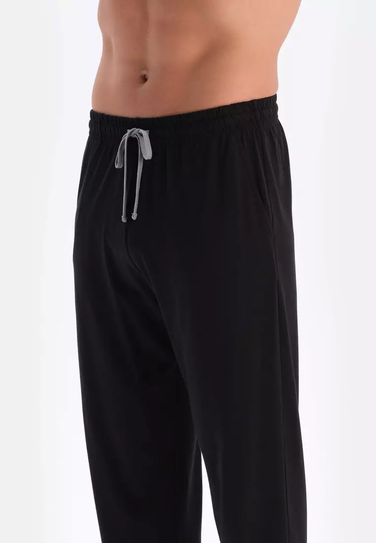 Black T-Shirt & Trousers & Shorts Knitwear Set, Crew Neck, Regular, Long Leg, Short Sleeve Sleepwear for Men