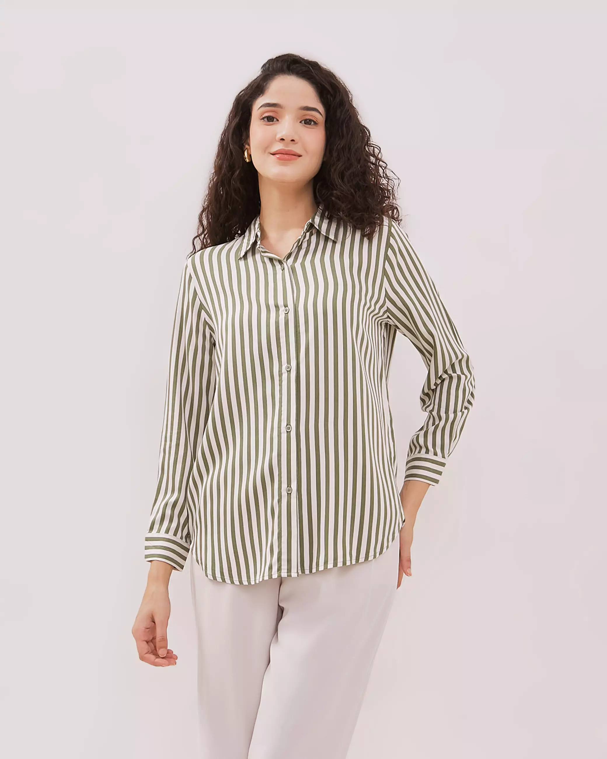 Urban Exchange Lyla Green Stripe Shirt - Atasan Stripe Lengan Panjang Warna Green