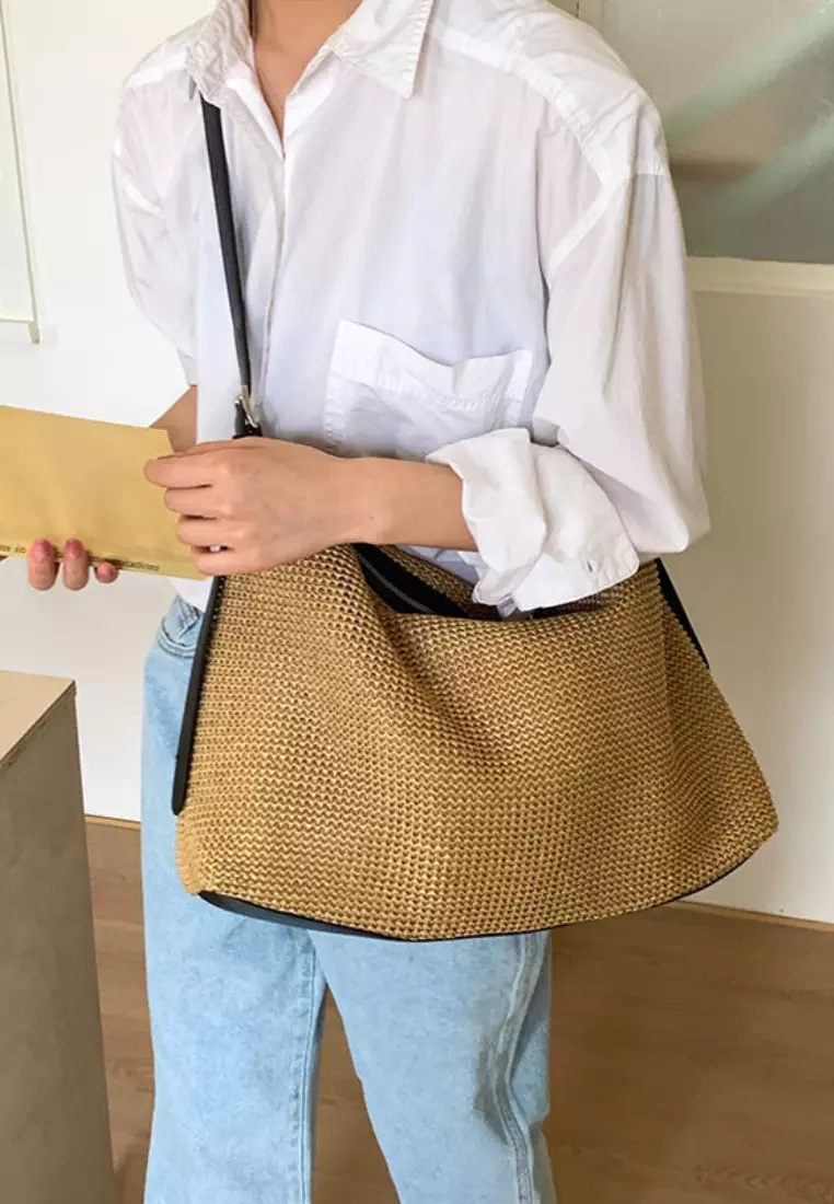 Straw Tote Bag Retro Casual Beach Shoulder Bag CA26042828BK