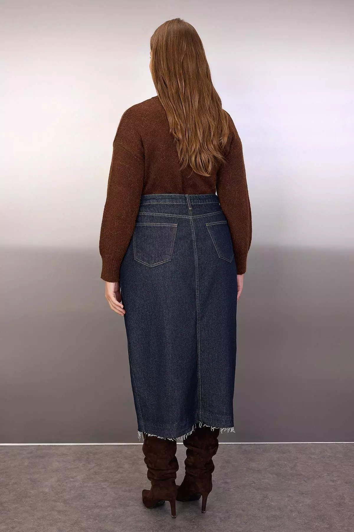 Plus Size High Waist Denim Midi Skirt