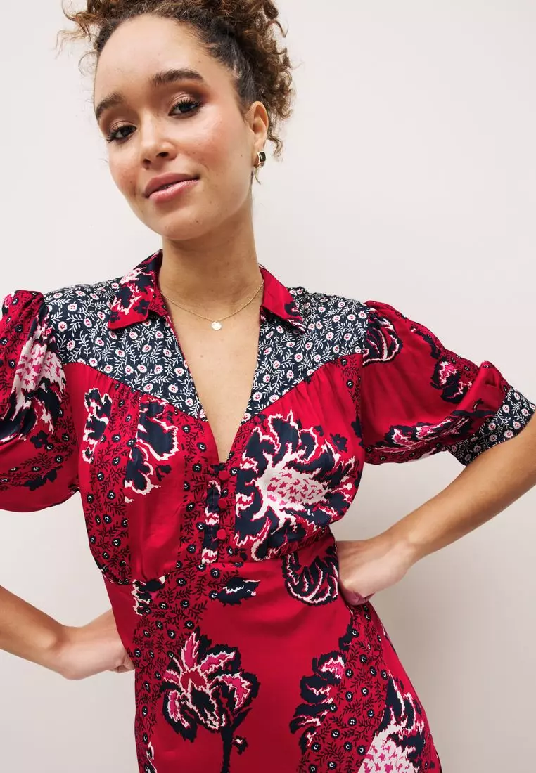 Red floral best sale short sleeve dress