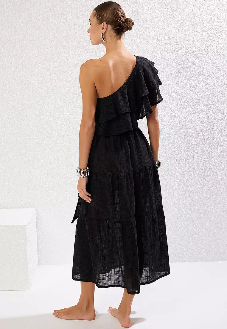 Buy Trendyol Woven One Shoulder Flounce Linen Look Dress 2026 Online |  ZALORA