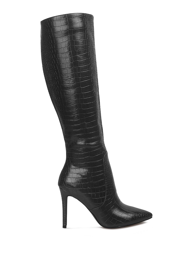 Black High Heeled Croc Calf Boots