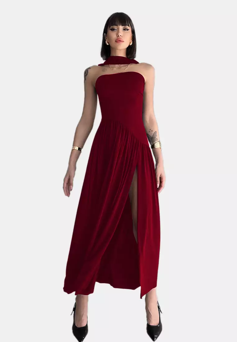 Burgundy A Line Shawl Detail Strapless Maxi Stylish Evening Dress
