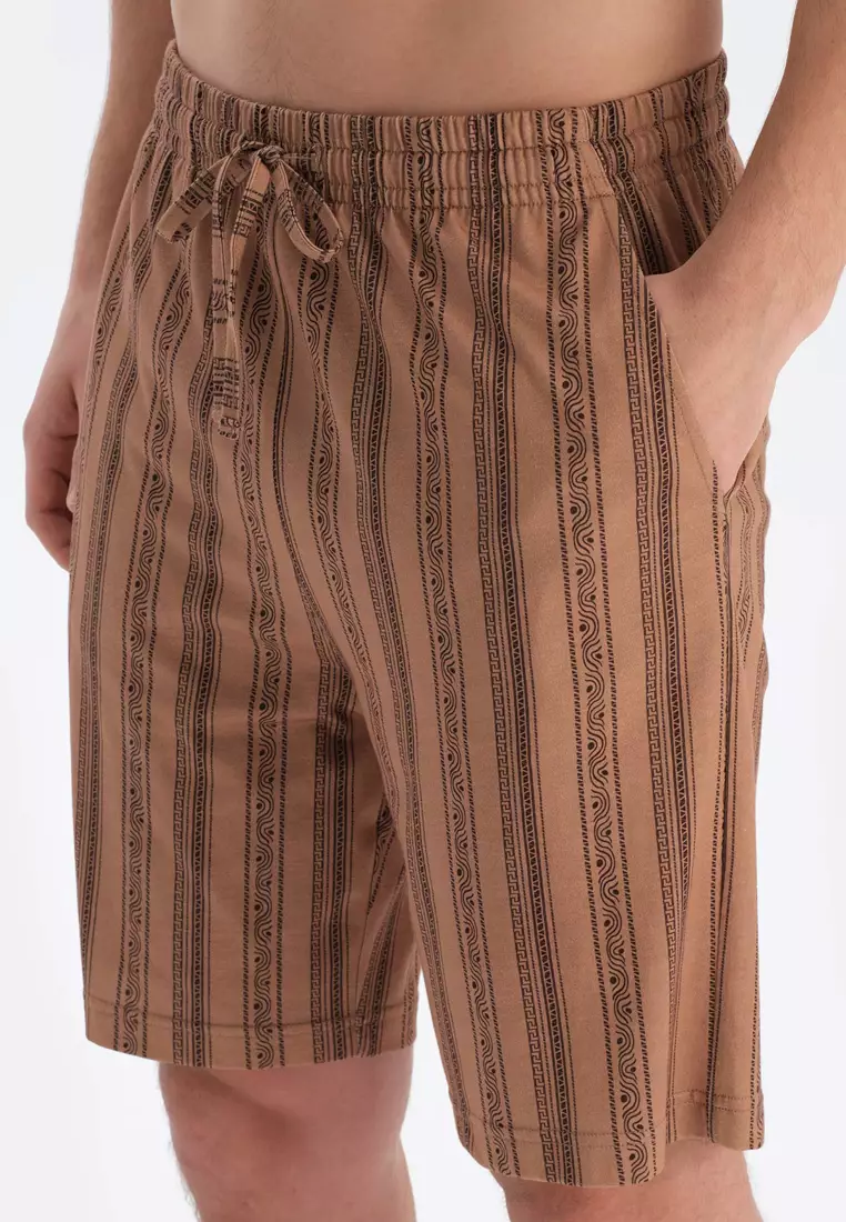 Dark Brown T-Shirt & Shorts Knitwear Set, Crew Neck, Regular, Short Leg, Short Sleeve Sleepwear for Men