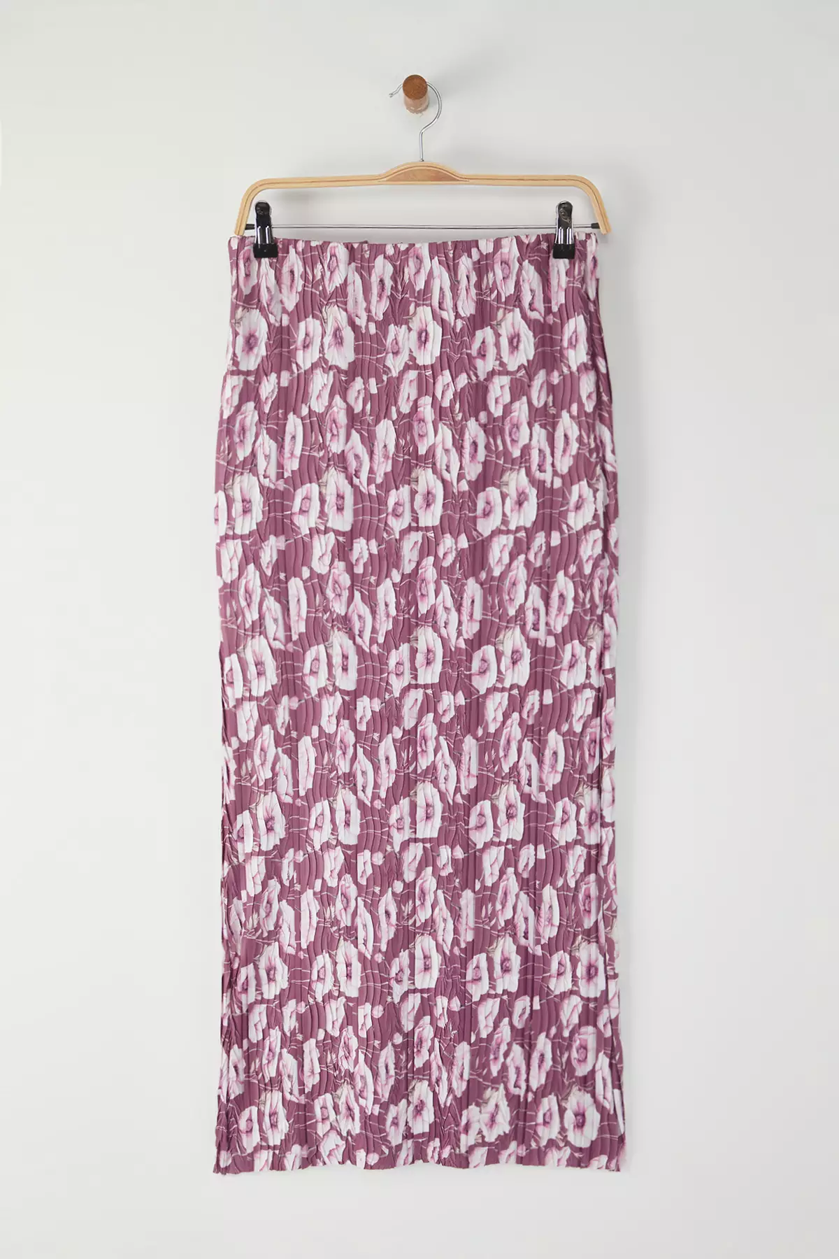 Dusty Rose Floral Print Waist Pleated Maxi Knitted Skirt
