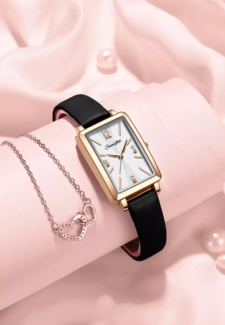 Jam Tangan Wanita 8002 Original Tali Kulit Mode Anggun Jam Wanita Kuarsa Jam Tangan Cewek black