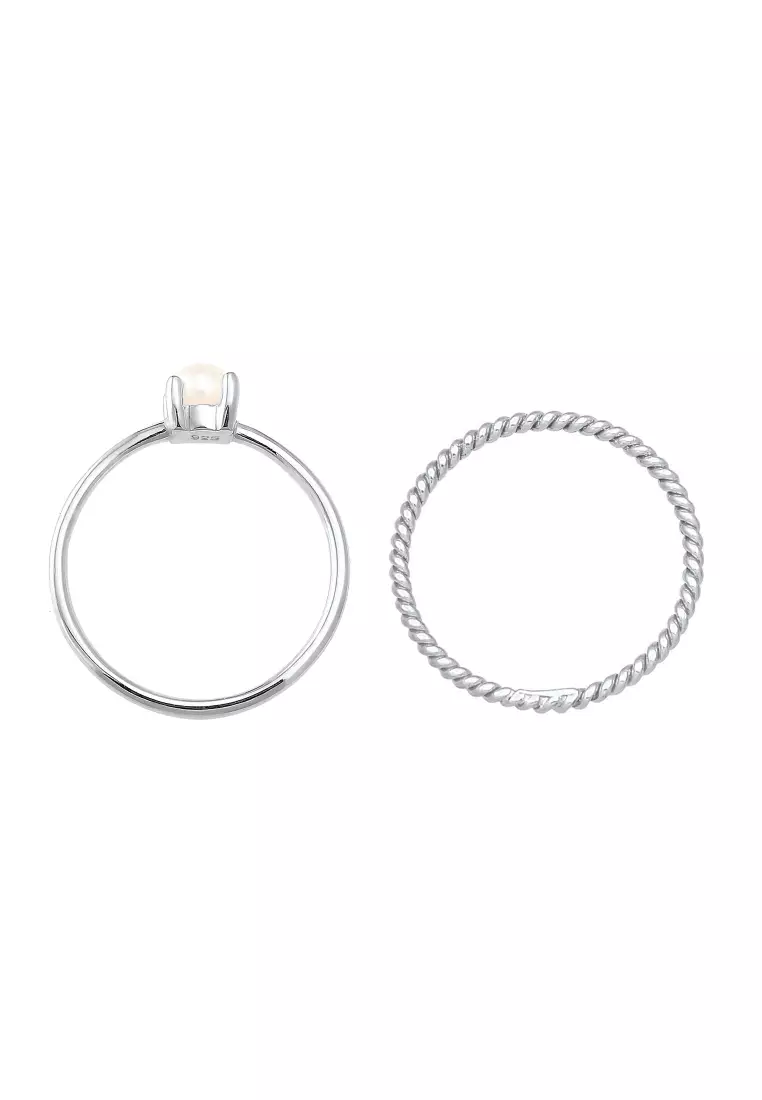 Cincin Perhiasan Perak 925 Wanita Twisted Set Of 2 Freshwater Cultured Pearl