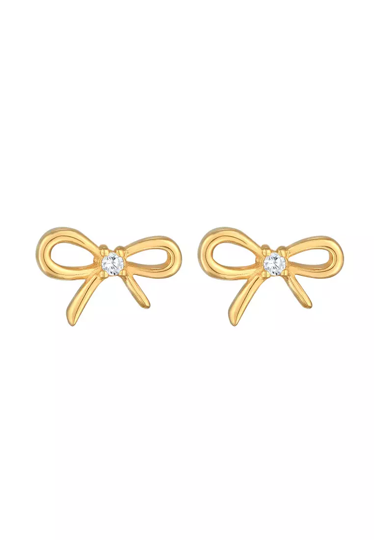 Anting Perhiasan Perak 925 Wanita Ribbon Zirconia Crystal Gold Plated