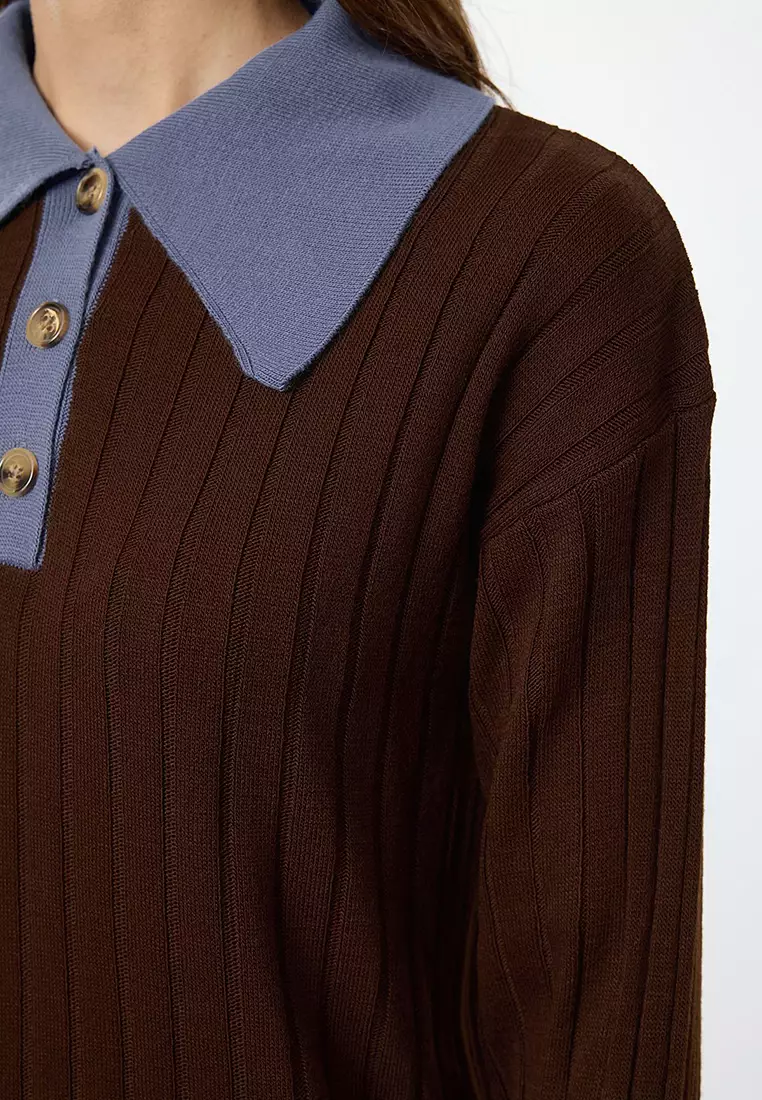 Brown Blue Color Block Ribbed Knit Sweater Tctaw25Ak00029