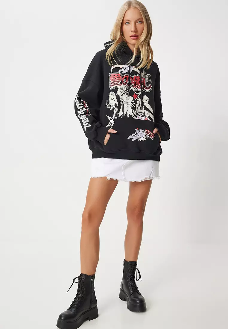 Printed Hooded Raised Knitted Sweatshirt