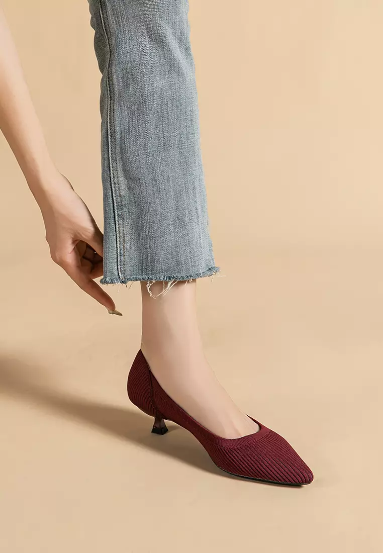 3.5CM ‌Pointed-toe Fly Knit‌ Kitten Heels‌ TJ1507