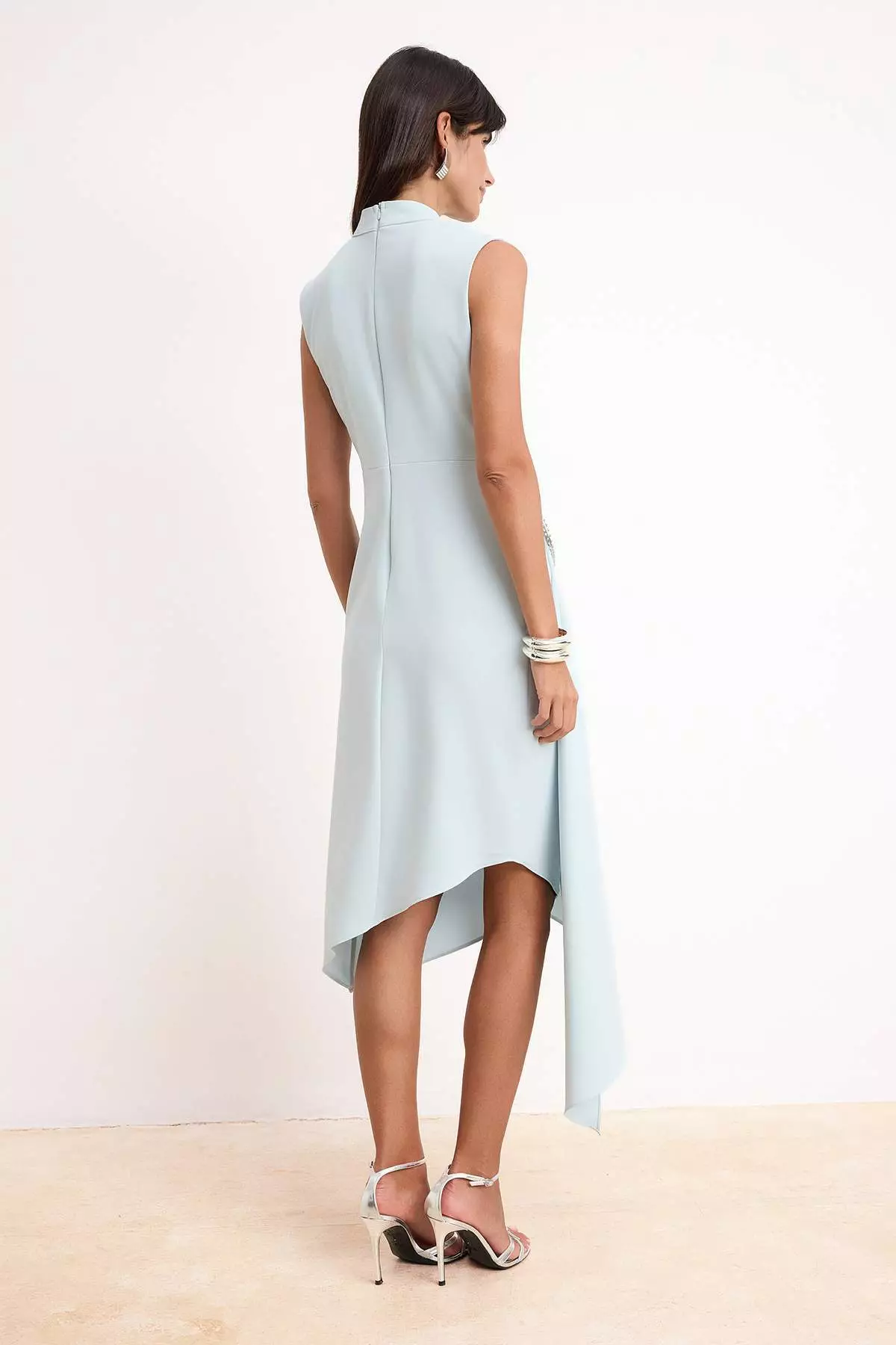 Light Blue Accessory Detailed Woven Finike Midi Dress Tprss26El66