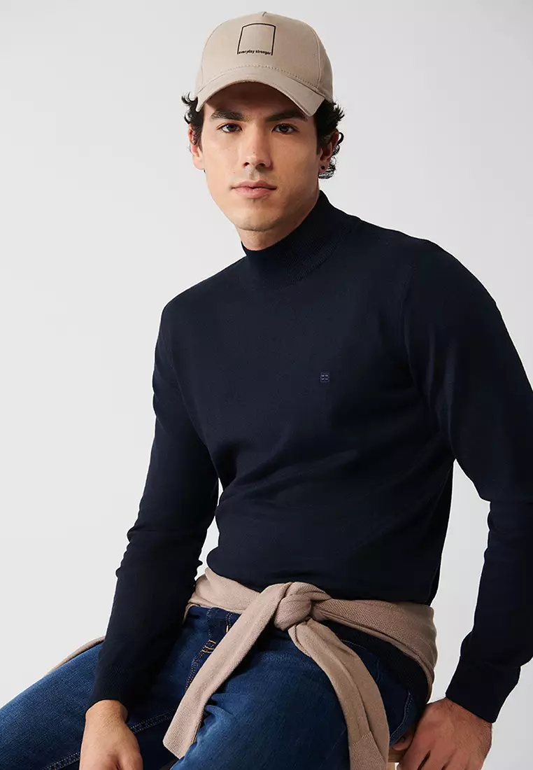 Men's Navy Blue Half Turtleneck Wool Blended Knitwear Sweater B 005015