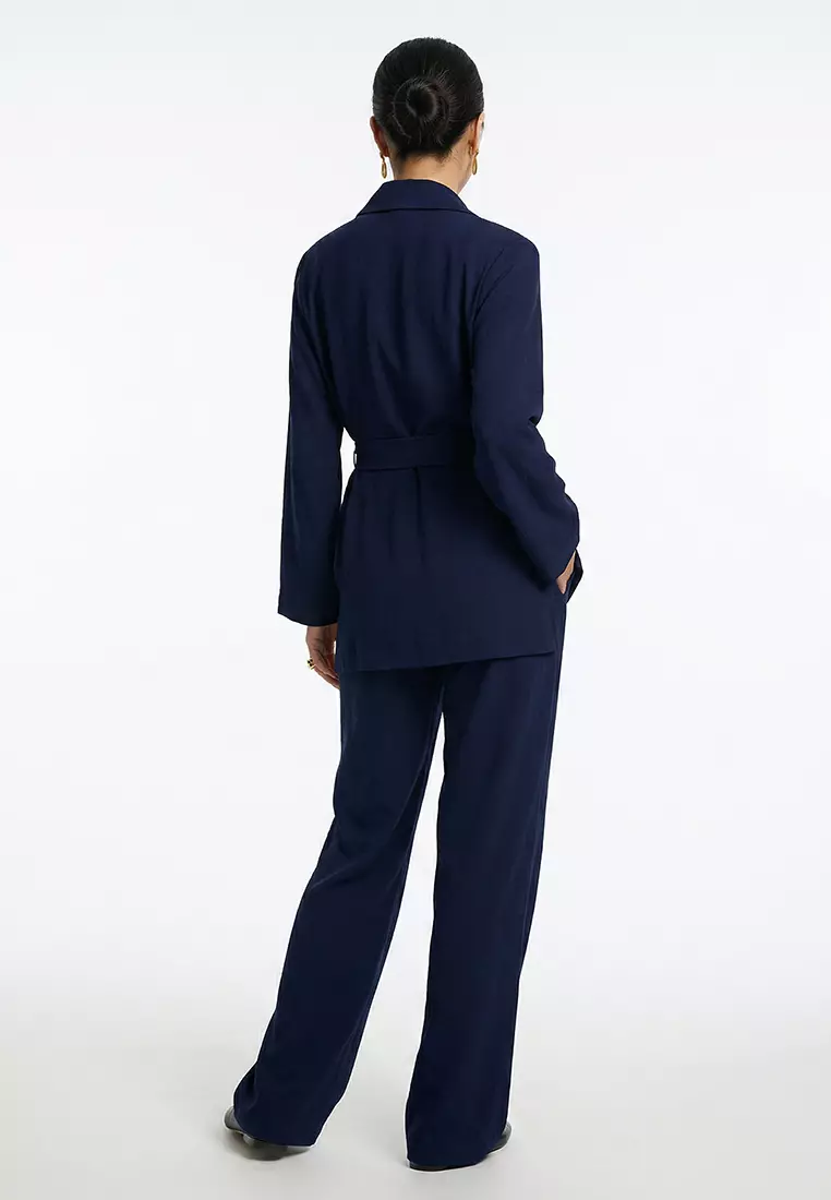Navy Blue Belted Double Breasted Shirt-Pants Woven Bottom-Top Set TCTSS25US00001