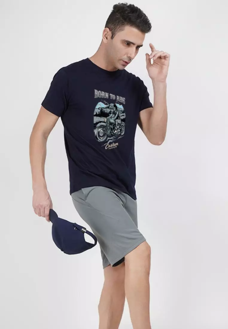 Born to Ride Navy Blue Cotton Short Sleeve Crew Neck Relaxed Tee