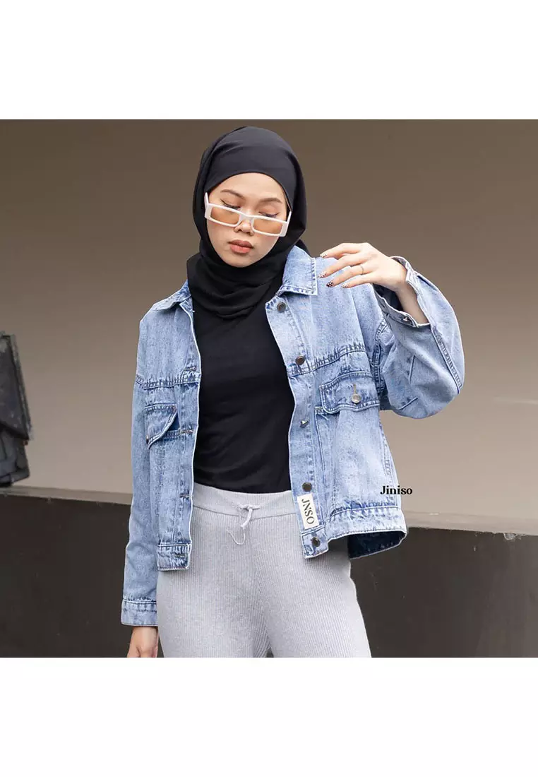 Jaket Crop Jeans Oversize Vintage Pocket Blue Acid