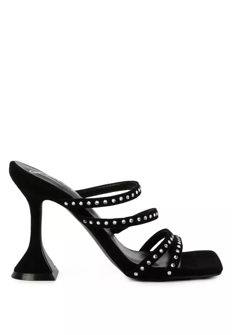 Black Studded Mid Heel Multi Strap Sandals