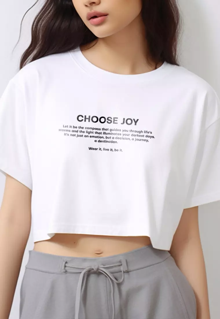 LTF51 crop top tee t shirt oversize "choose joy" putih